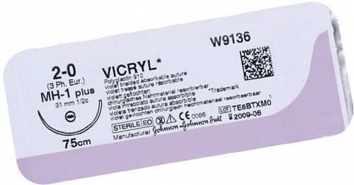 Викрил 4-0 (VICRIL ) , фиолетовый, 75 см, колющая 20мм, 1/2 круга, W9113