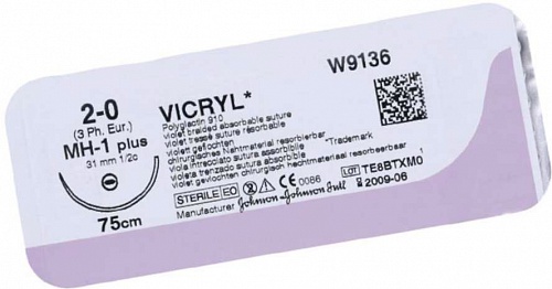 Вікрил 0 (VICRYL 0), фіолетовий, 75 см, з однією голкою 31 мм, 1/2 кола, W9138