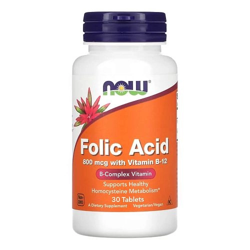 Витамины NOW Фолиевая кислота Folic Acid 800мкг в таблетках, 30 шт