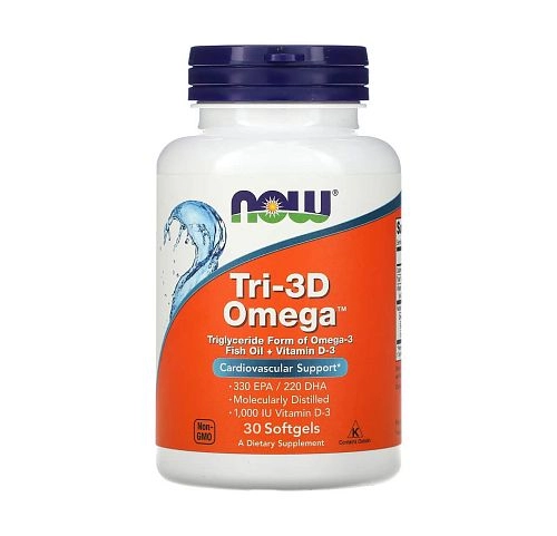 Omega Tri-3D NOW Foods Рыбий жир в капсулах + Д3, 30 капсул