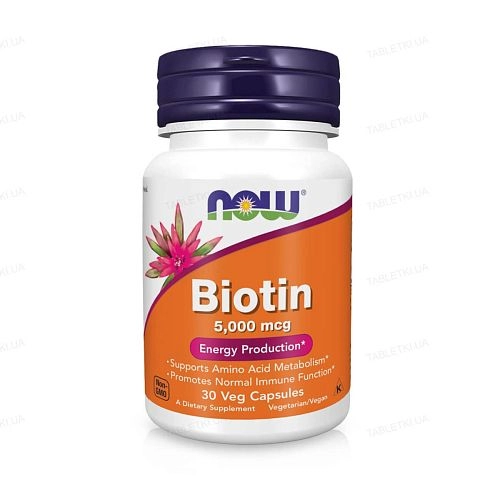 Вітаміни NOW БІОТИН (Biotin) 5000 мкг у капсулах, 30 шт